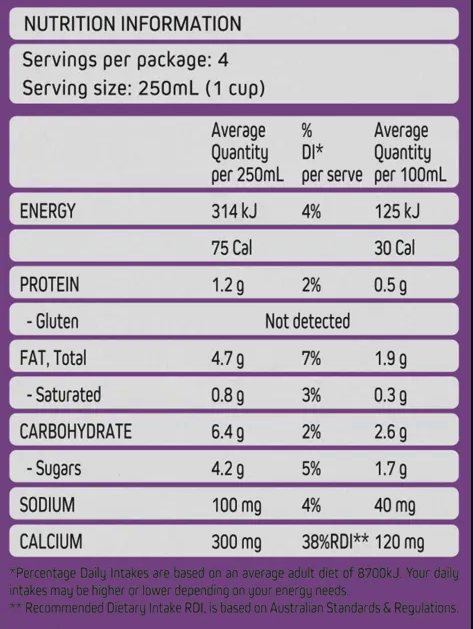 Nutrition information label for MILKLAB Macadamia Barista Milk 1L with a purple background and white table rows, showing serving size 250 mL (1 cup), energy, protein, fat, saturated fat, carbohydrate, sugars, calcium, and average quantities per 250 mL and per 100 mL.