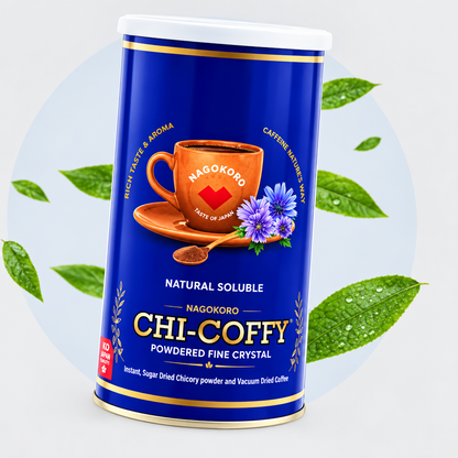 A cylindrical blue canister of Magokoro Chi-Coffy powder, featuring a graphic of a coffee cup and purple flowers, set against a light gray background with decorative green leaves.