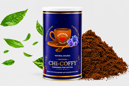 A canister of Magodoro Chi-Coffy natural soluble powdered fine crystal, flanked by scattered green leaves on the left and a pile of dark brown powder on the right, set against a plain white background.