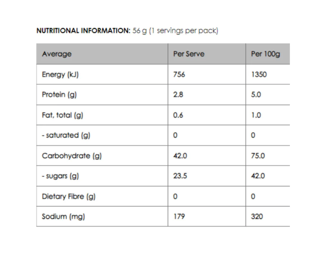 Nutritional information table for Maku Laku Organic Black Liquorice Rope 56g with serving size and per 100g values.