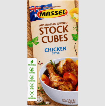 A package of Massel Australian Owned Stock Cubes Chicken Style, featuring a kraft paper style box with an Australian flag, product branding, and a bowl of prepared chicken stock with vegetables.