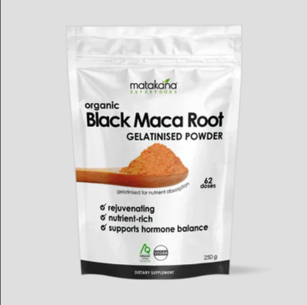 Package of Matakana Organic Black Maca Root Gelatinised Powder on a light gray background