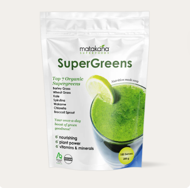 Matakana SuperGreens package with a green smoothie on a white background