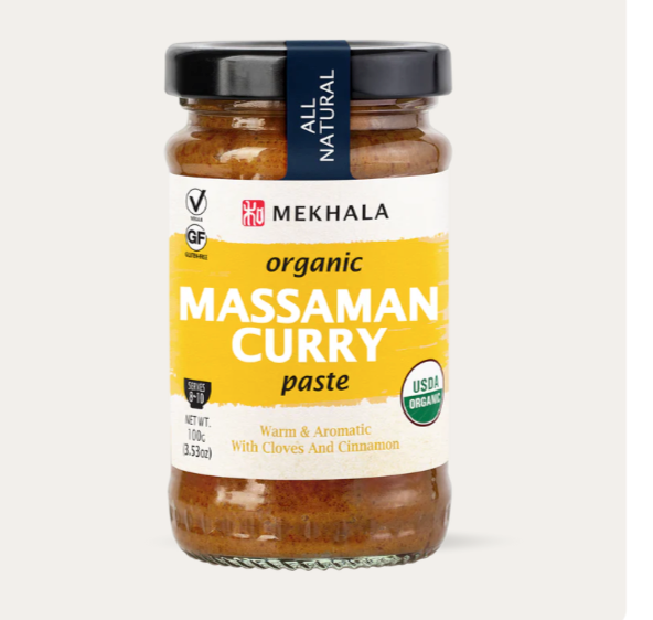 Jar of Mekhala Organic Massaman Curry paste on a white background