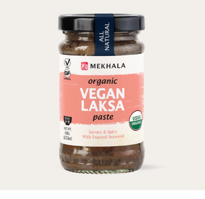 Jar of Mekhala Organic Vegan Laksa paste on a light gray background