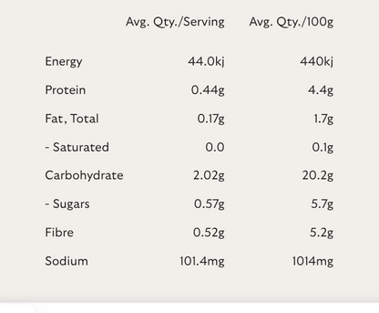 Nutritional information table for Mekhala Organic Vegan Laksa Paste 100g with serving and per 100g values.