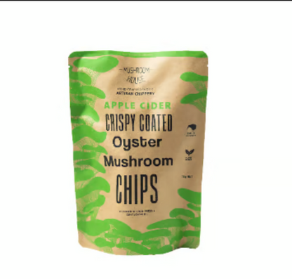 Packaged Mushroom House Oyster Mushroom Chips Apple Cider Vinegar chips with green and brown design on a white background