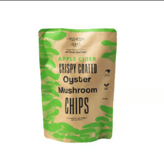 Packaged Mushroom House Oyster Mushroom Chips Apple Cider Vinegar chips with green and brown design on a white background