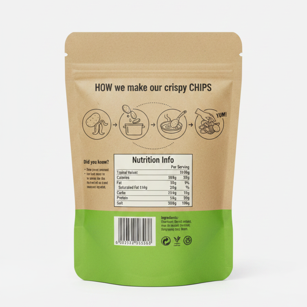 Kraft paper packaging with green label on a white background
