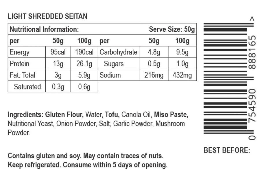 Nutritional label and ingredients list for let them eat vegan not chooklight shredded seitan