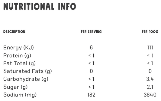 Nutritional information table for Northern Organics Liquid Chilli with energy, protein, fat, carbohydrate, sugar, and sodium content per serving and per 100g.