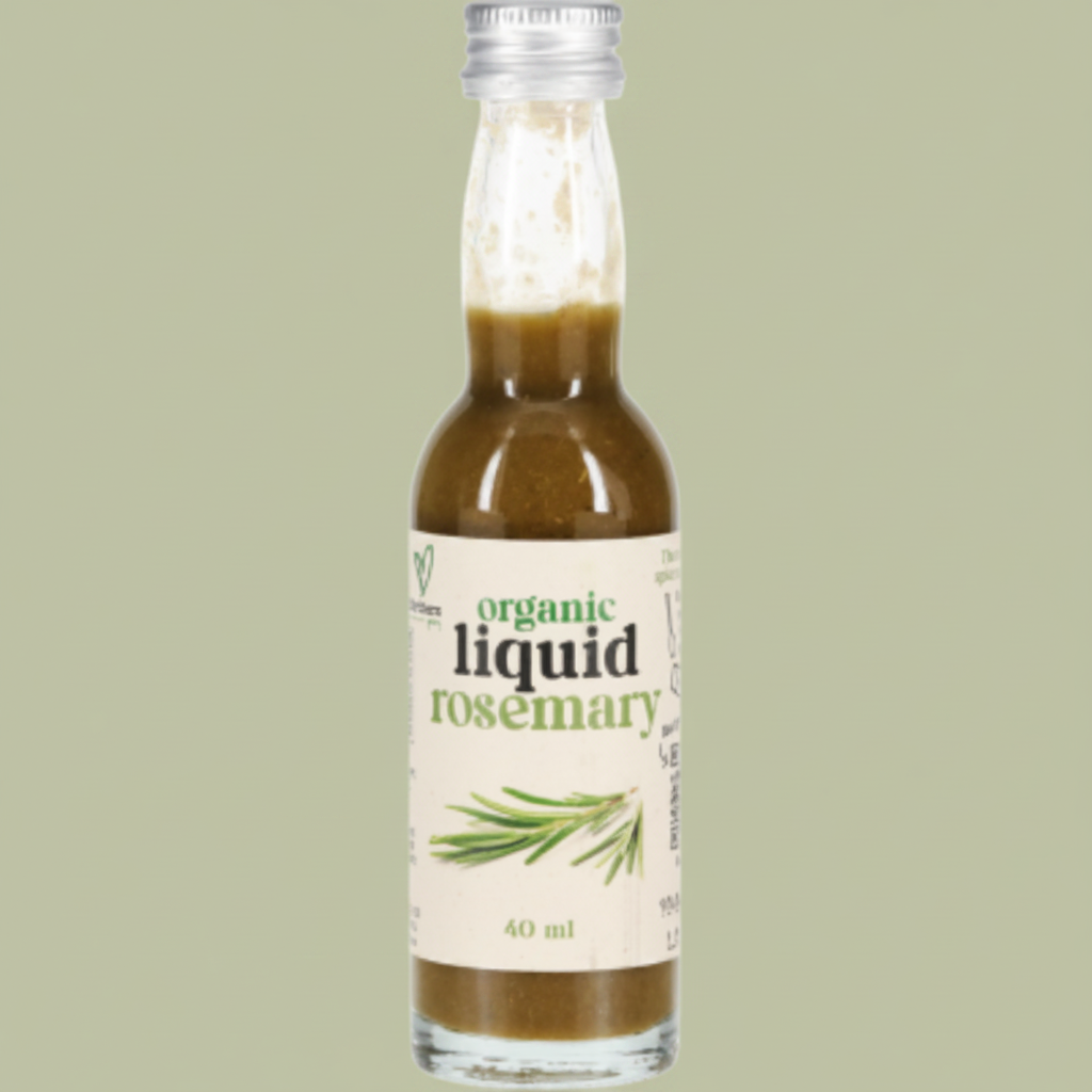 Bottle of organic liquid rosemary on a white background