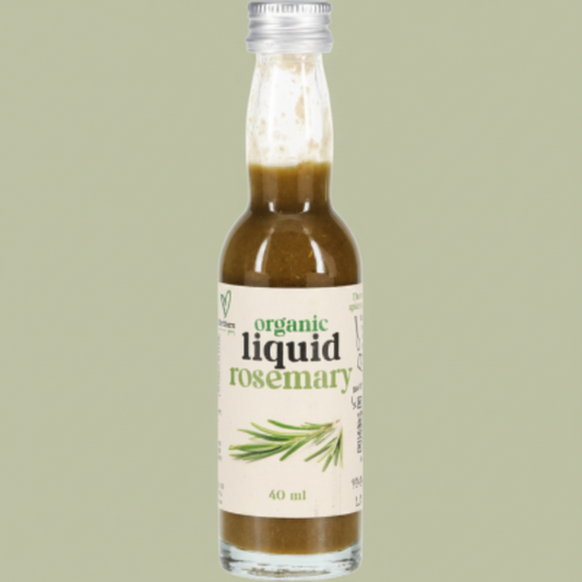 Bottle of organic liquid rosemary on a white background