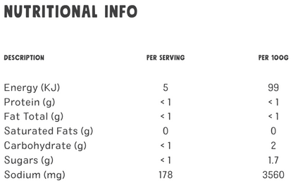 Nutritional information table for Northern Organics Liquid Rosemary with energy, protein, fat, carbohydrate, and sodium details.