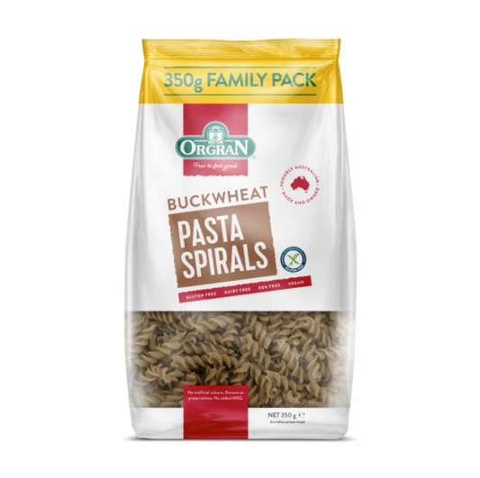 Bag of Orgran buckwheat pasta spirals on a white background