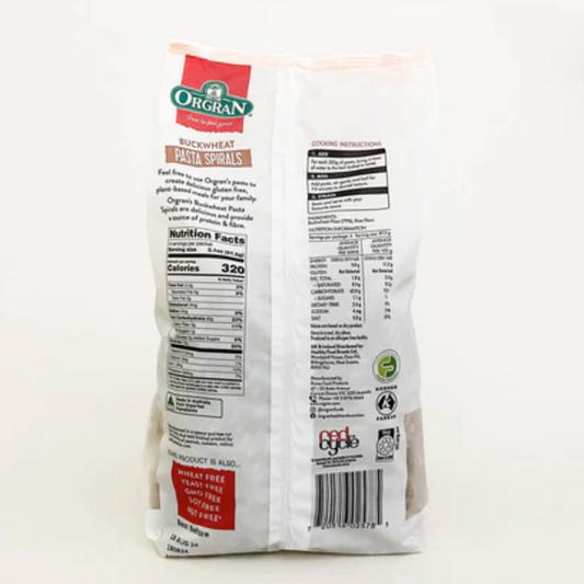 Back view of ORGRAN Buckwheat Pasta Spirals 350gm with nutritional information and branding on a white background