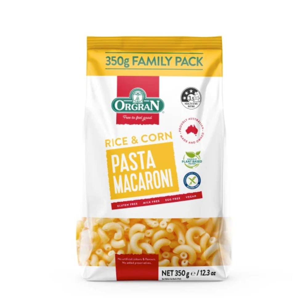 Pack of Orgain rice and corn pasta macaroni on a white background