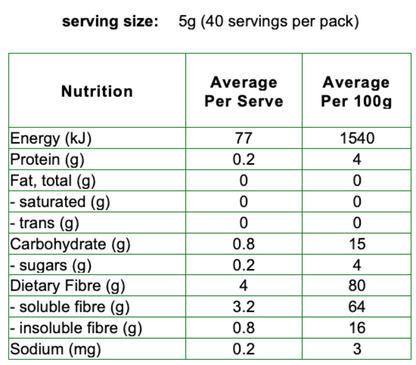 Nutritional information table for a food product with serving size and per 100g breakdown.