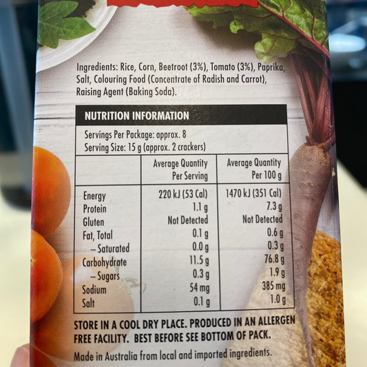 Orgran Beetroot & Tomato Crispbread 125gm packaging with nutrition information and ingredients list.
