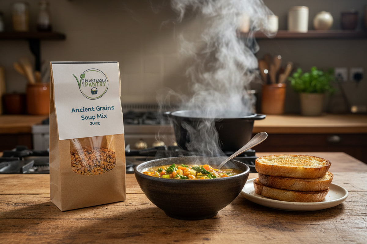 A 200g paper bag of Plant Based Pantry Ancient Grains Soup Mix, showing the mixed grains through a clear window on a wooden table.
