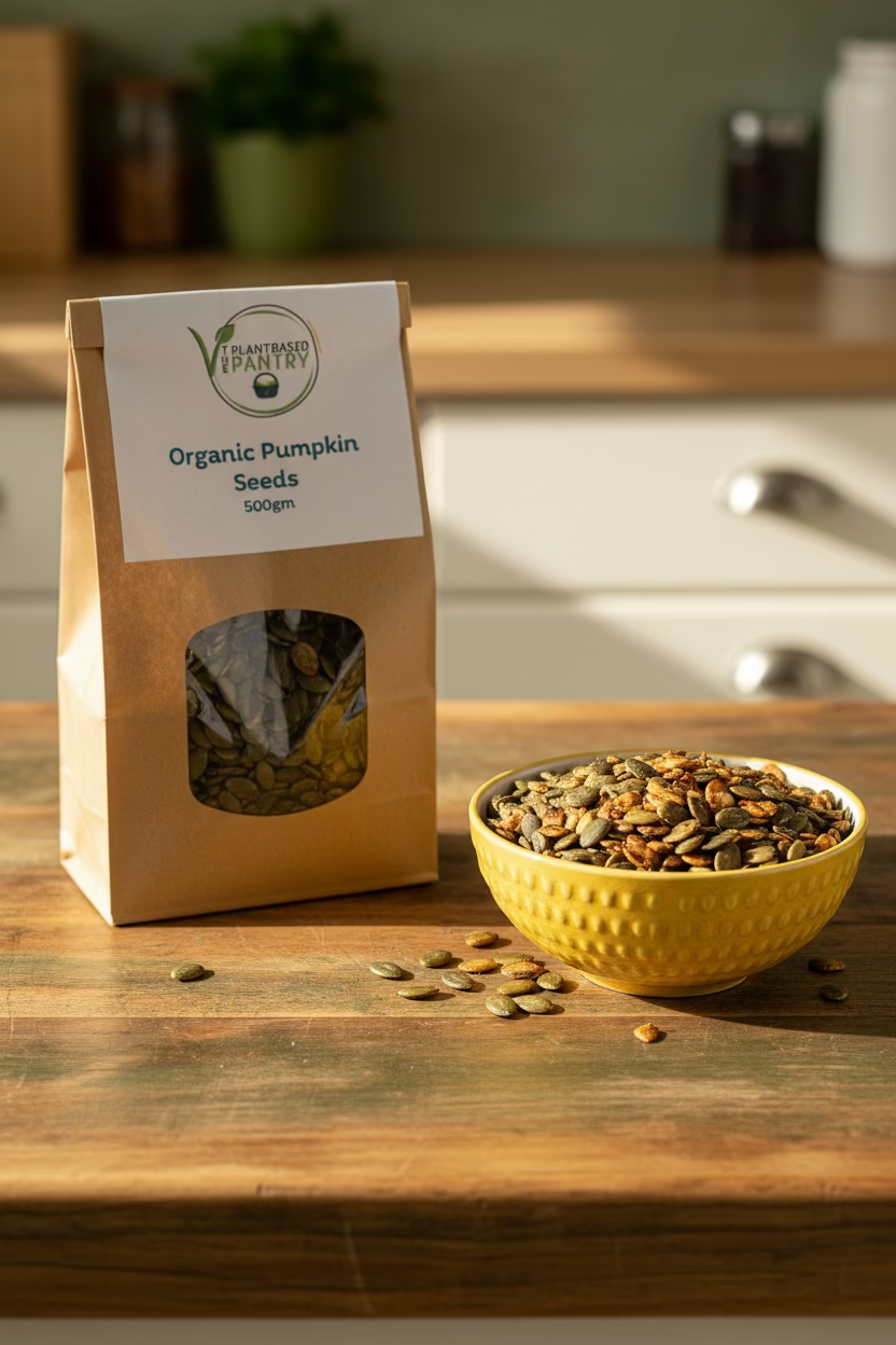 A 500g bag of organic pumpkin seeds from Plant Based Pantry, in a brown kraft paper bag with a clear window showing the seeds inside.
