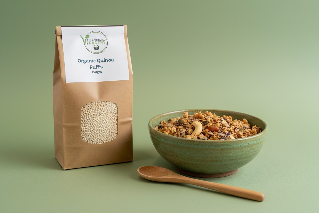 A 150g bag of Organic Quinoa Puffs by PlantBased Pantry, shown on a wooden counter with a store interior in the background.