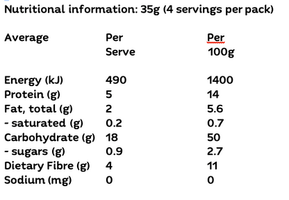 A nutritional information table showing average values per serve and per 100g for a PBPantry Quioa Puffs, with rows for Energy (kJ), Protein (g), Fat, total (g), saturated fat (g), Carbohydrate (g), sugars (g), Dietary Fibre (g), and Sodium (mg).