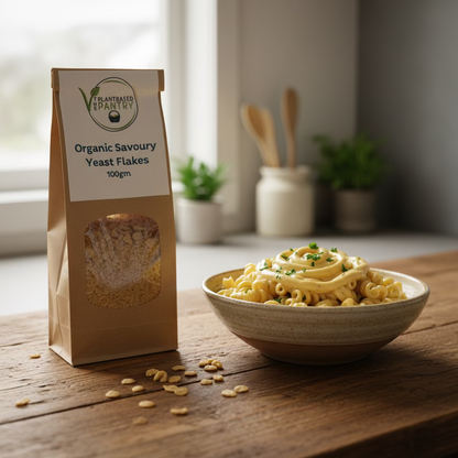 A brown kraft paper bag of Plant Based Pantry Organic Savoury Yeast Flakes, 100g, standing on a wooden counter with a blurred store background.