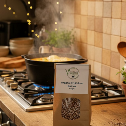 A 500g bag of Plant Based Pantry Organic Tri-Colour Quinoa, in a brown kraft paper bag with a clear window showing the mixed grains inside, set on a wooden table.
