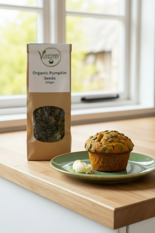 A 300g bag of Organic Pumpkin Seeds from Plant Based Pantry, in a brown kraft paper bag with a clear window showing the seeds inside.