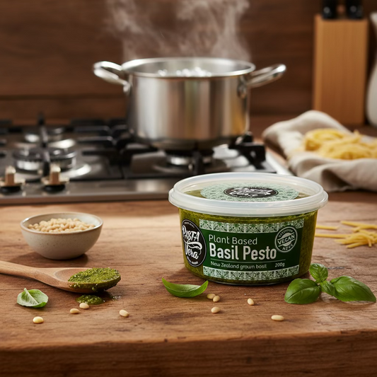 Container of plant-based basil pesto with a green label on a wooden background