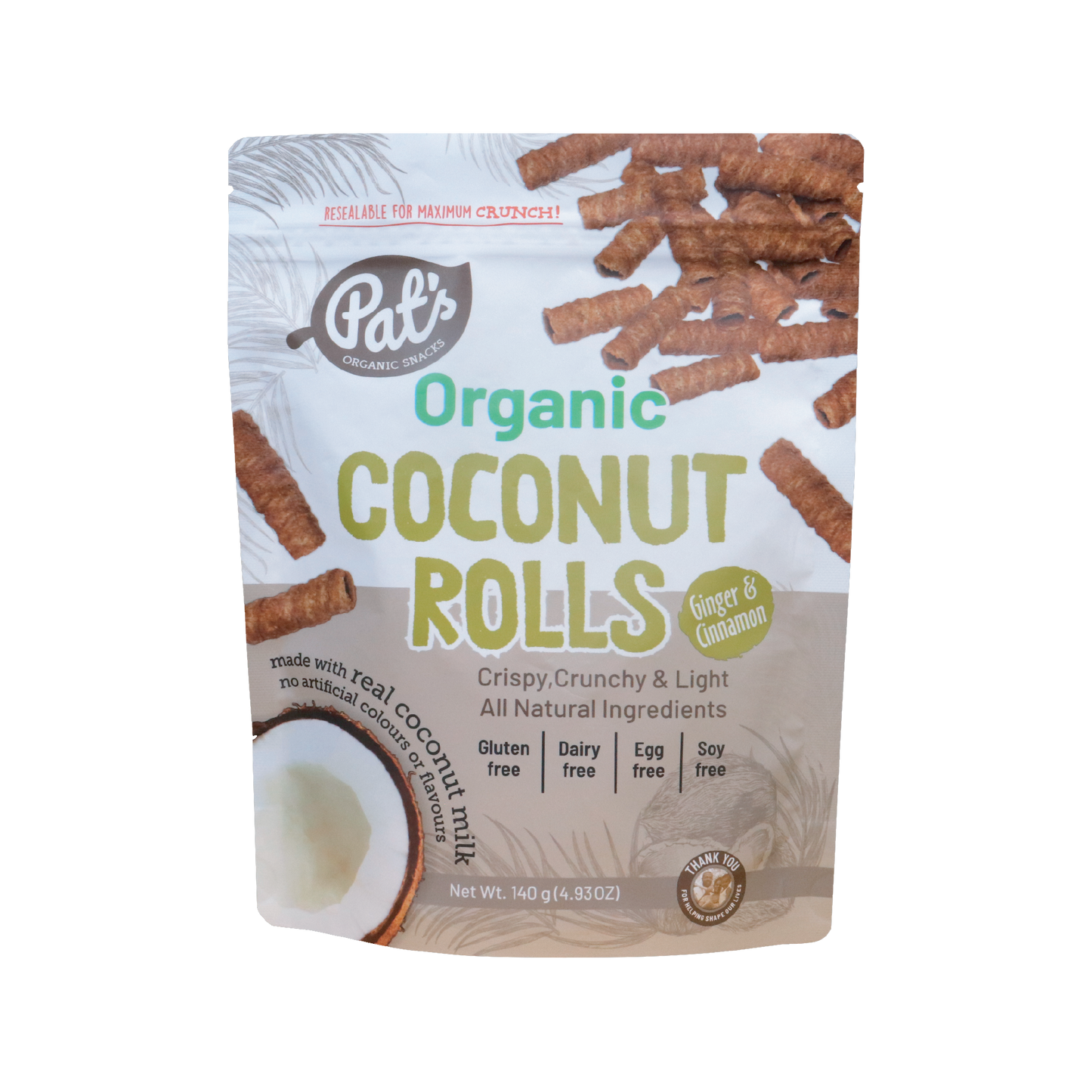 Pats Organic Coconut Rolls (Ginger and Cinnamon) 140g