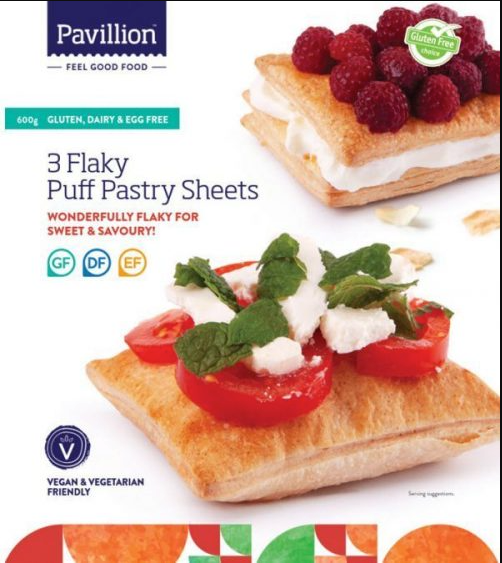 Pavilion puff pastry sheets packaging with a pastry topped with berries and another with tomatoes and herbs.