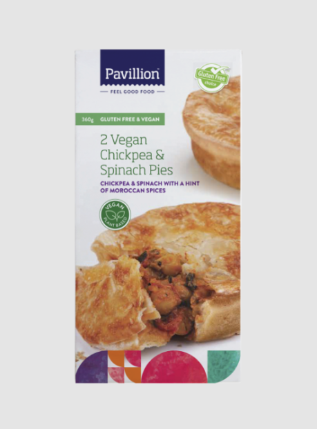 Pavilion brand packaging of 2 Vegan Chickpea & Spinach Pies on a white background