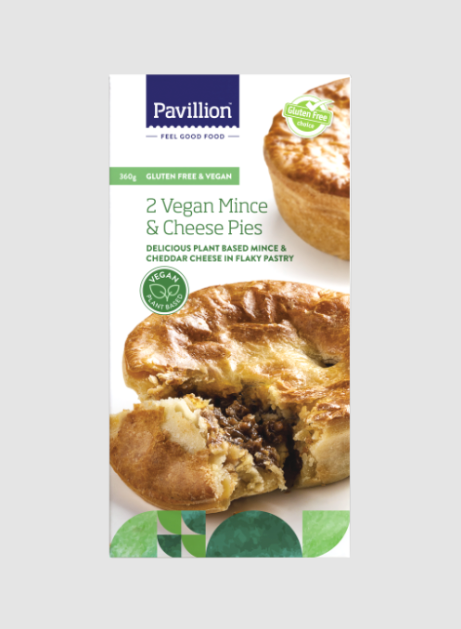 Packaging of Pavilion Vegan Mince & Cheese Pies on a light gray background