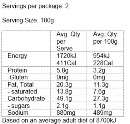 Nutritional information table for Pavillion GF Vegan Mince & Cheese Pies with serving size and nutritional values.