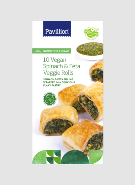 Pavilion brand packaging of vegan spinach & feta veggie rolls on a gray background