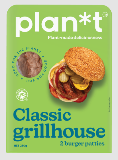 Package of Plan*t Classic Grillhouse Burger Patties 2pk with a green background