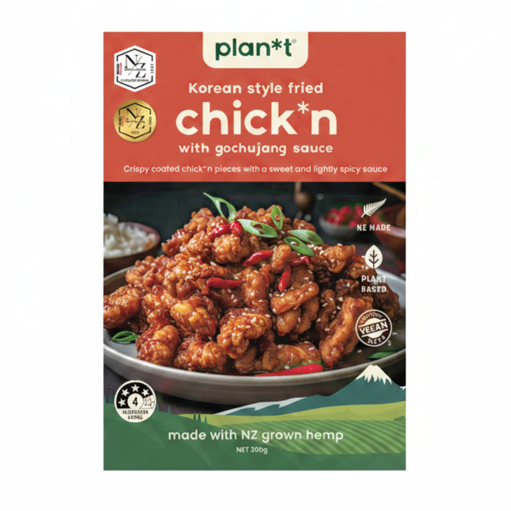 Package of Korean-style fried chicken with gochujang sauce, featuring plant-based and vegan certification logos.