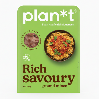 Package of plan*t Rich Savoury ground mince with green background