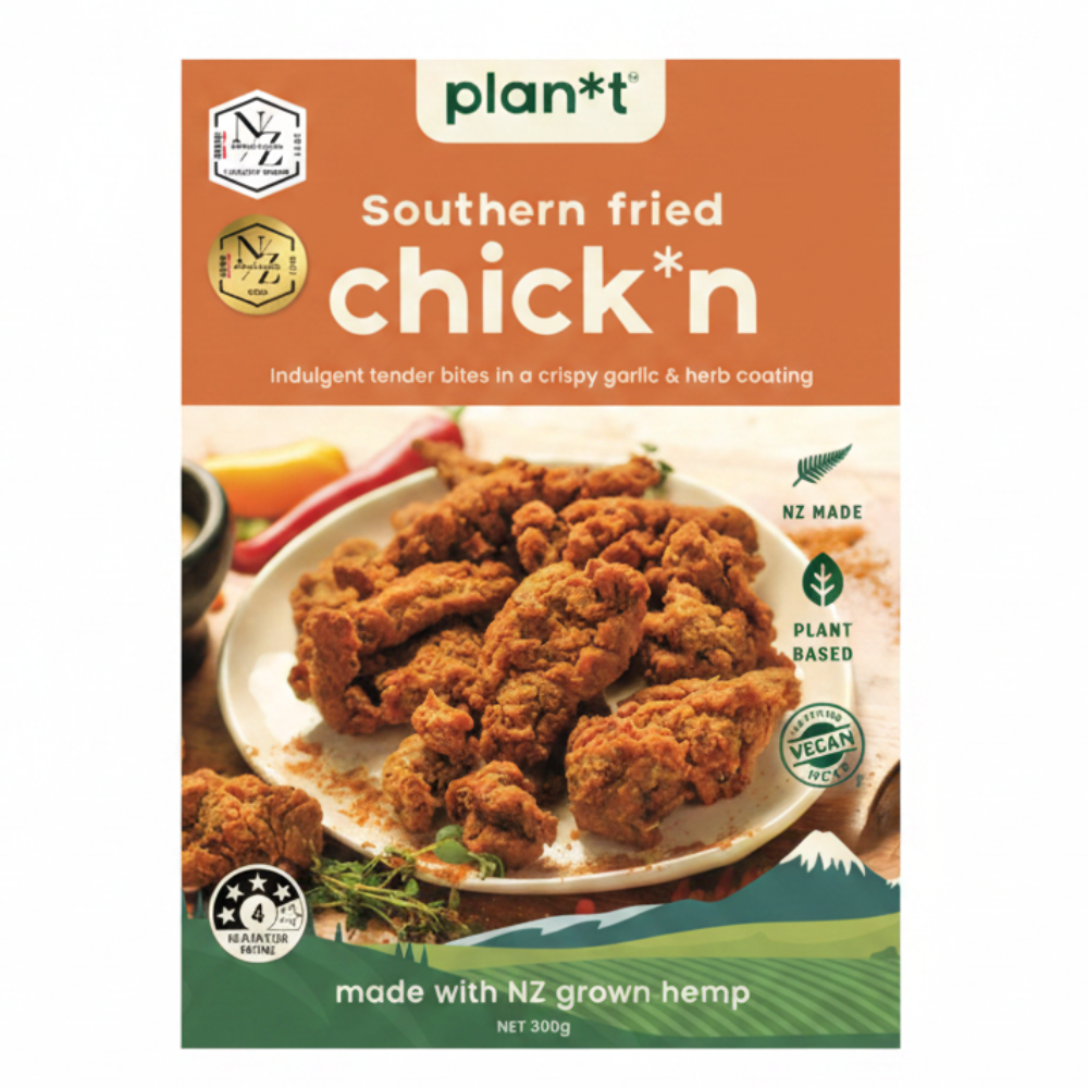 Package of plant-based southern fried 'chick*n' with branding and product details.