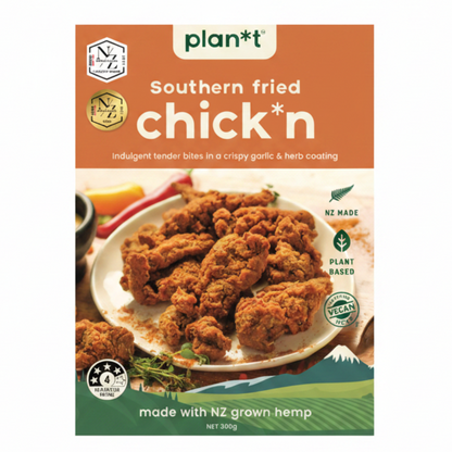 Package of plant-based southern fried 'chick*n' with branding and product details.