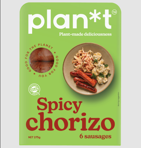 Green package of plan*t Spicy chorizo with a plate of food on a gray background