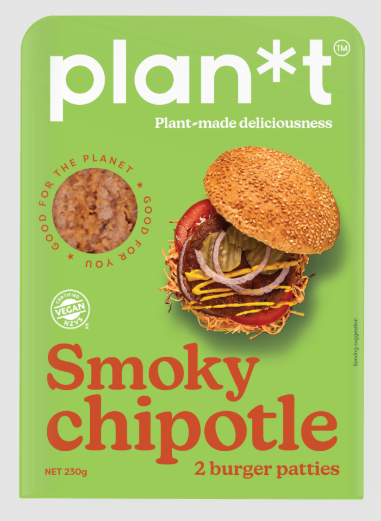 Packaging of Plan*t Vegan Smoky Chipotle Burger Patties 2pk with a green background
