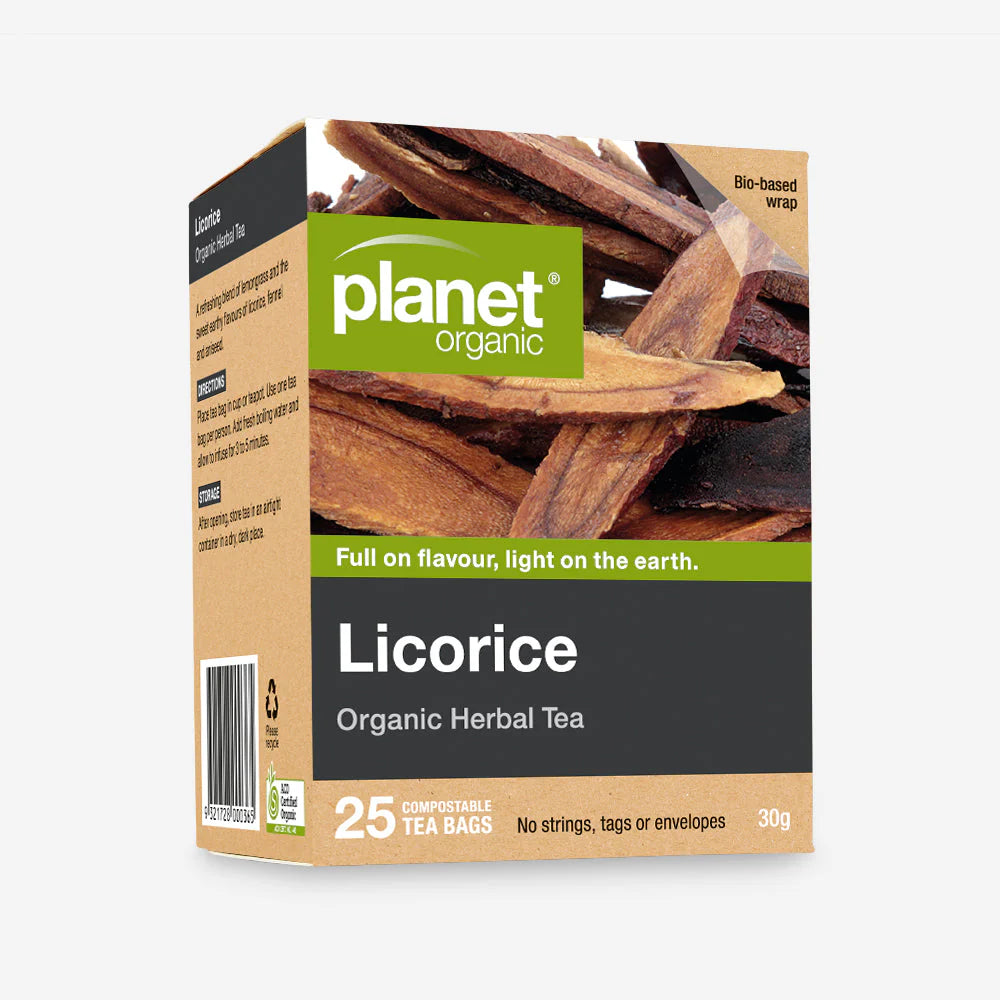 Planet Organic Licorice Herbal Tea package on a white background