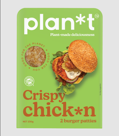 Package of Plan*t Crispy Chick*n Burger Patties 2pk on a green background.