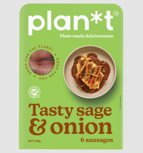 Packaging of plan*t Tasty Sage & Onion sausages with a green background