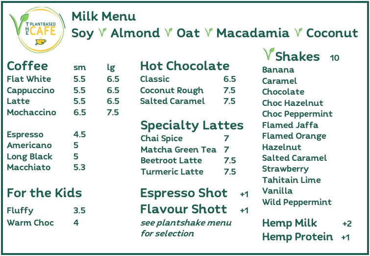 Plantbased Cafe Drinks menu with various coffee and milk options listed.