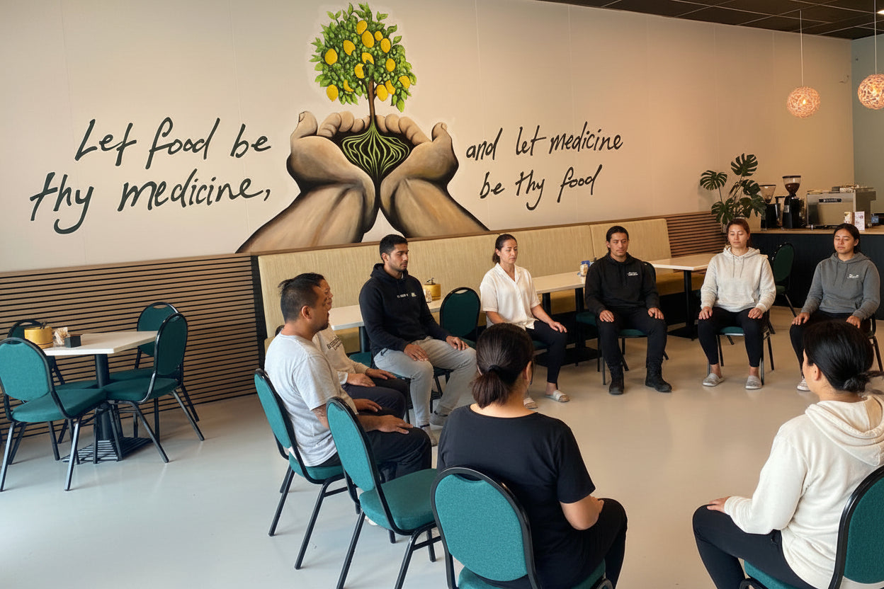 The Plantbased Cafe interior with tables, chairs, and a quote on the wall.