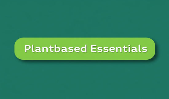 A green rounded rectangular label with the words 'Plantbased Essentials' in white text, centered on a teal-green background.